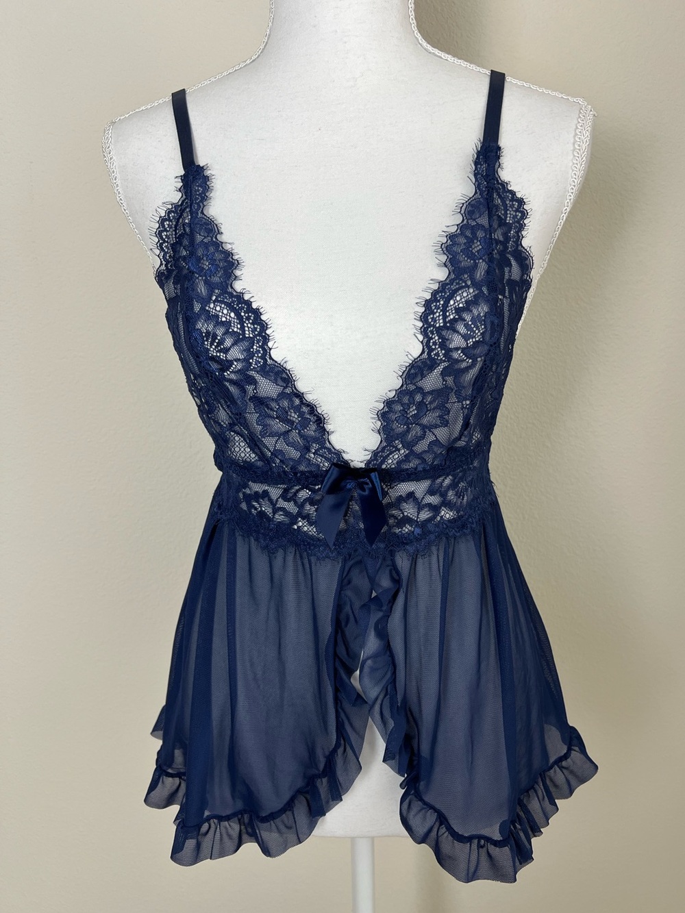 Navy Blue Lace Mesh Babydoll Tank Top Lingerie Cami Women's S Romantic Soft Girl